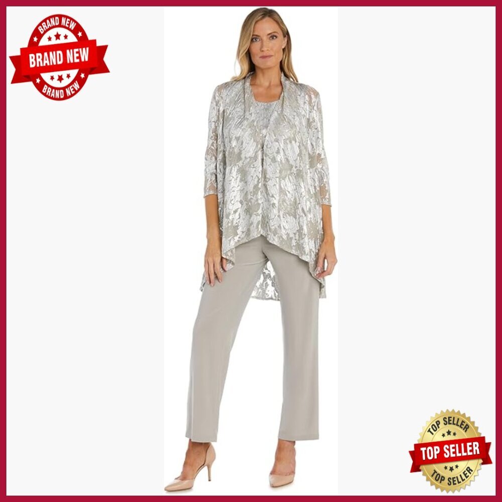 Foil Jacquard Pant Suit Set with Mesh Overlay, 3-Piece Evening Ensemble
